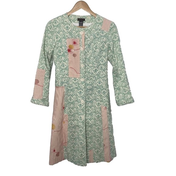 CUSTO Barcelona Jacket Coat Size 38 4 Made Spain Floral Art Teal Green Duster - Picture 1 of 12